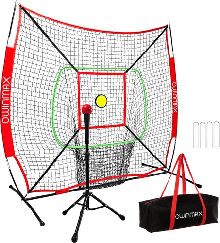 Red de 6x6 pies para béisbol, red de entrenamiento de béisbol y sóftbol con poste de bateo, zona de impacto y objetivo circular y pelota con peso,