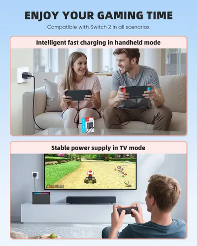 Vista 5 de Cargador Switch 2 Adaptador de corriente de CA de 60 W para Nintendo 21 con cable de 5 pies de largo, compatible con base de TV 4K, fuente de carga