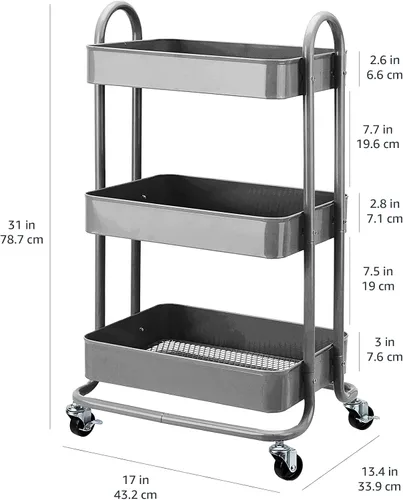 Vista 5 de Yaxa Basics - Carrito de servicio o de cocina de 3 niveles, con ruedas, con cerradura, almacenamiento multifuncional, color carbón