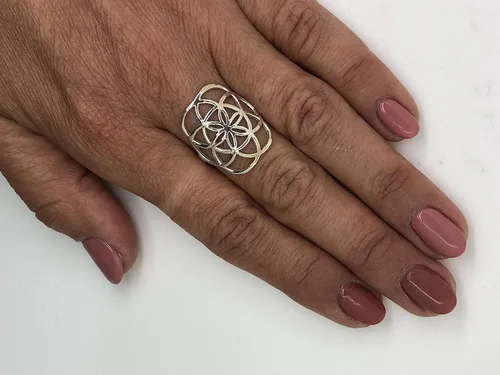 Vista 3 de Anillo clásico de plata de ley 925 geometría sagrada flor de la vida joyería de yoga