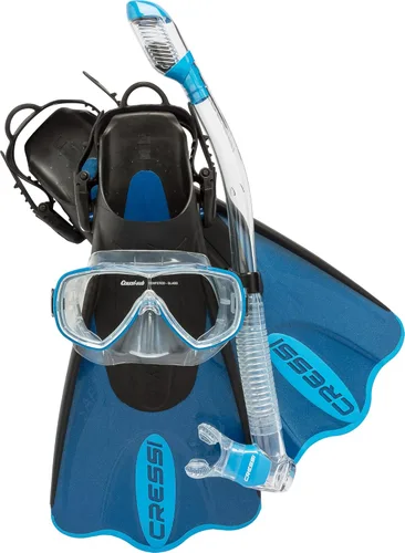 Cressi SAF Snorkel Set - Open-Heel Swimming Fins - Tempered Glass Snorkeling Mask - Dry-Top Purge-Valve Snorkel Gear