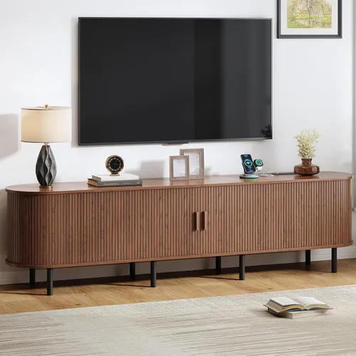 Vista 12 de Soporte de TV de 55 pulgadas con toma de corriente, consola multimedia moderna con puertas correderas, centro de entretenimiento para televisores