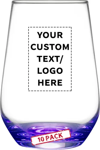 Vista 21 de DISCOUNT PROMOS Juego de copas de vino de Silicia de 10 vasos sin tallo, 16 onzas, texto personalizado, logotipo, transparente, similar a un orbe