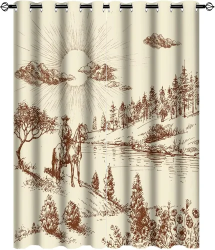 Vista 32 de Cortinas opacas retro de vaquero occidental para dormitorio, estilo rústico, cactus, salvaje oeste, vaquero, paseo, caballo, con ojales, aislamiento