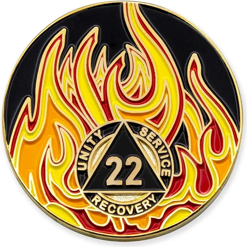 Vista 19 de Medallón de recuperación AA chapado en oro de 1 año Twisted Flames - Negro/Rojo/Naranja/Amarillo