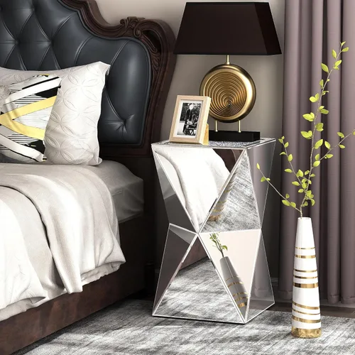 Vista 9 de ENENE Mesa auxiliar decorativa de cristal para sala de estar, espacios pequeños, mesa auxiliar moderna con pedestal para dormitorio, oficina