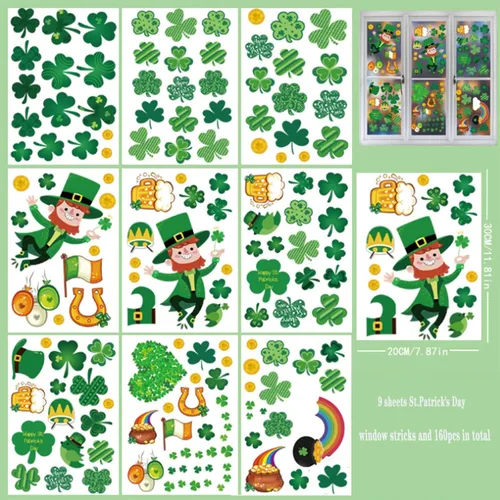 Vista 6 de 160 calcomanías reutilizables para ventana del día de San Patricio, calcomanías de trébol para decoraciones navideñas, decoraciones estáticas