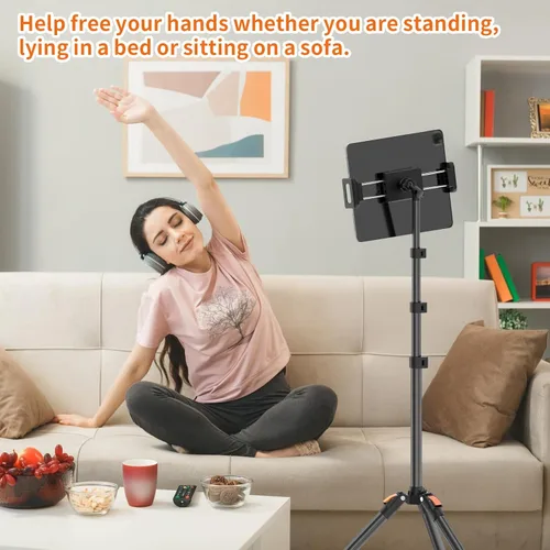 Vista 2 de XXZU Trípode de pie de 72 pulgadas para tablet, soporte para tablet con cabeza de bola de 360°, soporte de piso ajustable en altura con funda