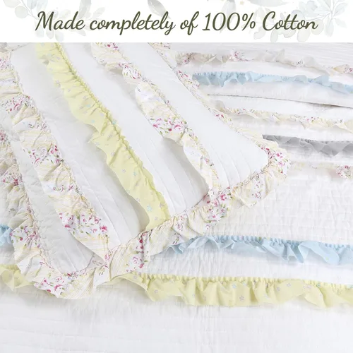 Vista 3 de Cozy Line Home Fashions - Juego de ropa de cama reversible de 100% algodón con volantes, rayas, flores, color amarillo claro y azul para niñas