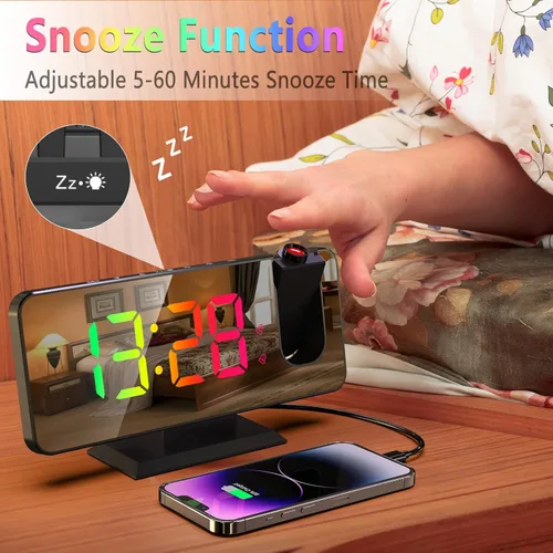 Vista 5 de Reloj despertador de proyección para techo de dormitorio, proyector giratorio de 180°, espejo de 7.4 pulgadas, pantalla LED digital RGB de 12/24