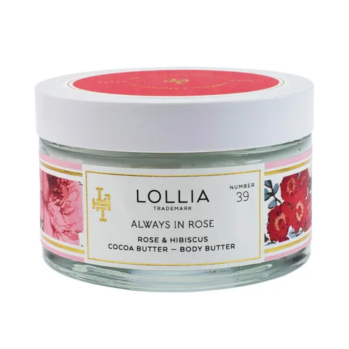 LOLLIA Always in Rose - Manteca corporal de 5.5 onzas, fragancia de rosa e hibisco, manteca de karité y manteca de cacao, loción corporal para