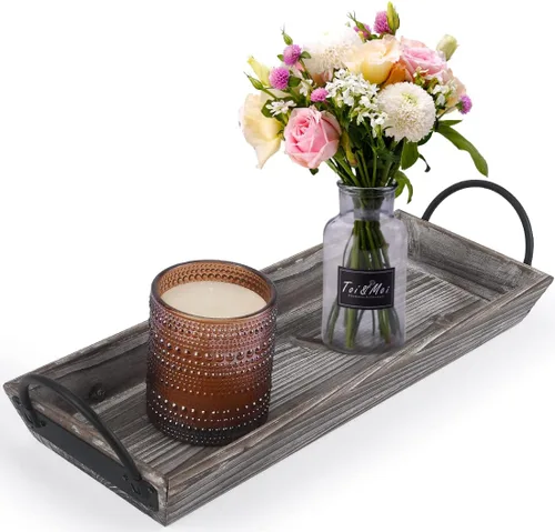 Vista 8 de Bandeja de velas rectangular de madera con asas de metal negro, portavelas de madera rústica para exhibir velas, centros de mesa para mesa