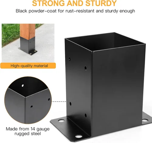 Vista 4 de Base de poste de 4 x 4, 2 piezas, tamaño interior de 3.6 x 3.6 pulgadas, soportes de poste de metal resistente con recubrimiento en polvo negro