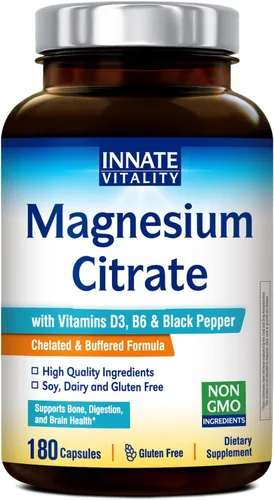 Innate Vitality Citrato de magnesio, suplemento de magnesio quelado, con vitamina D3, B6, extracto de pimienta negra, absorción mejorada, digestión,