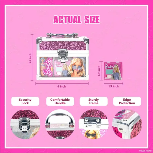 Vista 6 de Barbie Beauty Mini Train Case Set incluye tubo de brillo de labios, bálsamo labial, brillo de labios compacto para fiestas de pijamas de niñas
