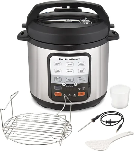 Hamilton Beach Olla a presión eléctrica 6 en 1 con sonda de temperatura, cocción lenta, salteados, marrones, vapores, función de arroz, huevo y más,