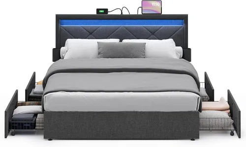 Vista 12 de VASAGLE Base de cama LED tamaño individual, cama individual con cabecera y 4 cajones, 1 puerto USB y 1 puerto tipo C, cabecera tapizada ajustable