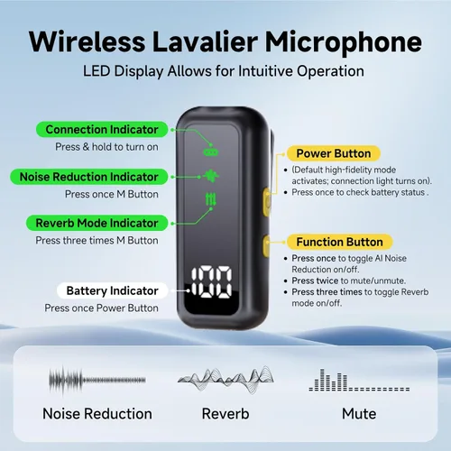 Vista 6 de Micrófono Lavalier inalámbrico 3 en 1 para cámara, iPhone, teléfono Android, mini micrófonos, batería de 130 pies y 16 horas, sistema de micrófono