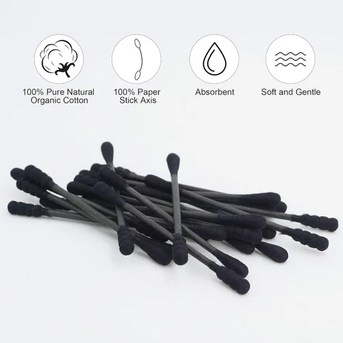 Vista 5 de Hisopos de algodón negro en espiral, 200 unidades de algodón orgánico, gótico, para baño, firmemente envueltos, puntas de algodón de carbón, palillo