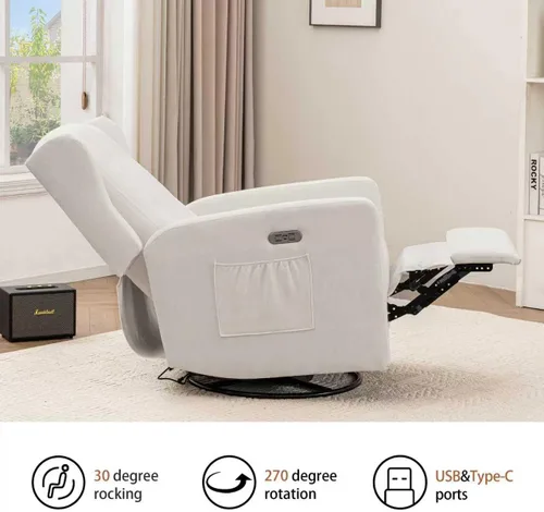 Vista 8 de Ketaiyou Silla reclinable giratoria eléctrica, con respaldo alto, silla mecedora eléctrica para guardería, puertos USB y tipo C, sillón reclinable