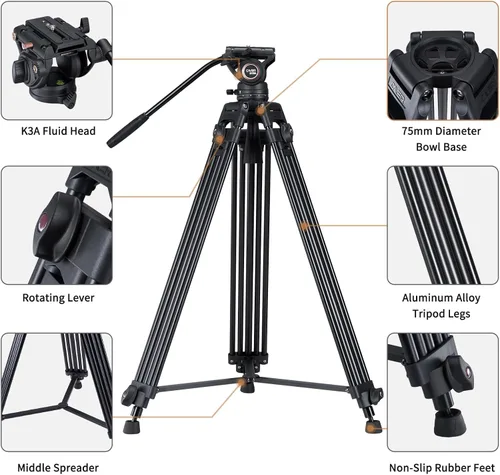 Vista 7 de Cayer BV30L Video Tripod System, 72" Heavy Duty Aluminum Twin Tube Tripod with K3 Fluid Head, 75mm Flat Base, Max Load 13.2lbs, for DSLR Cameras