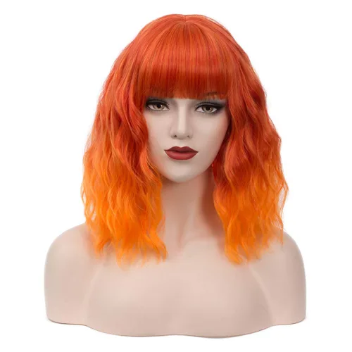 Vista 21 de BUFASHION 14 "mujeres corto ondulado rizado negro Bob peluca con flequillo lateral - Cosplay Halloween sintético (negro)