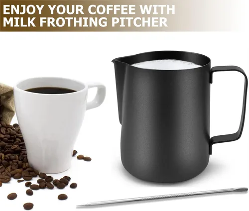 Vista 3 de CAMKYDE Jarra de Espumar Leche de Acero Inoxidable 20 oz, Jarra Vaporizadora de Espresso con Pluma Decorativa para Máquinas de Espresso, Cappuccino