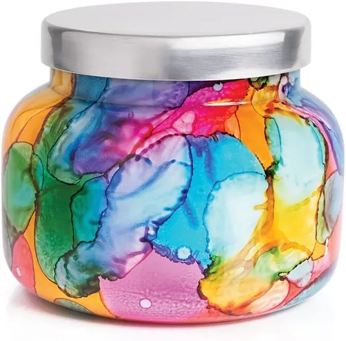 Vista 9 de Capri Blue Volcano Candle - Vela en tarro pequeño de cristal de acuarela arcoíris, vela de aromaterapia de lujo, vela de frutas tropicales