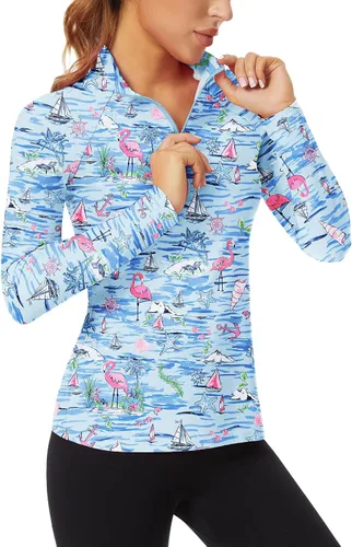 Vista 18 de WOWENY - Camiseta de manga larga con cremallera de 1/4 para mujer, con cuello, para hacer deporte, con estampado, para tenis Hoja multicolor.