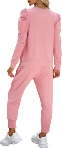 Vista 4 de Onedreamer Conjunto deportivo de 2 piezas para mujer, manga larga abombada, cuello redondo, sudadera para correr, conjunto de descanso