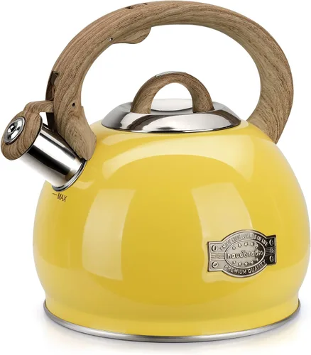 Vista 7 de Hervidor de té, hervidor de té silbante de 2.7 cuartos de galón, tetera con mango de acero inoxidable de grado alimenticio y patrón de madera