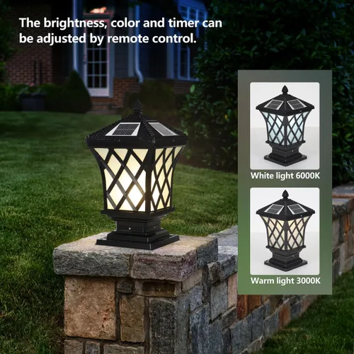 Vista 7 de Lámpara LED solar para poste con tapa de poste, luces de pilar regulables para exteriores, IP65, impermeable, luz de poste negra, luz de columna