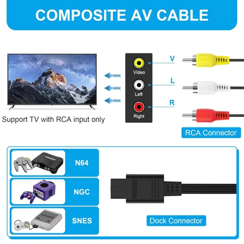 Vista 2 de Auhsuxo Cable AV N64, cable compuesto AV de audio y video compatible con Nintendo 64 N64, Gamecube GC, Super Nintendo SNES TV Game, 1.8M6FT