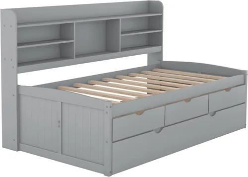 Vista 241 de Quarte Elegante cama de plataforma con estanterías en forma de L, cama de plataforma de madera tamaño individual con 2 cajones de almacenamiento