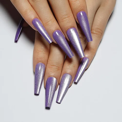 Vista 7 de Uñas postizas a presión largas, con brillo azul y diseño, acabado acrílico brillante, de cobertura completa, uñas postizas reutilizables