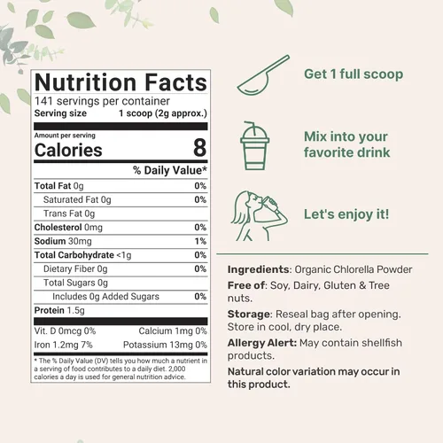 Vista 2 de Micro ingredientes USDA, Chlorella en polvo, orgánico, 1.1 libra, El mejor alimento, rico en vitaminas y proteínas, 8 onzas, 1