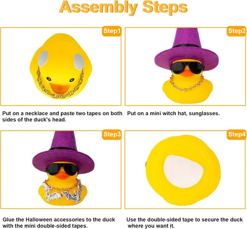 Vista 4 de Adornos de pato de goma para automóvil, decoraciones de tablero de automóvil con mini sombrero de bruja, capa, collar, accesorios de Halloween