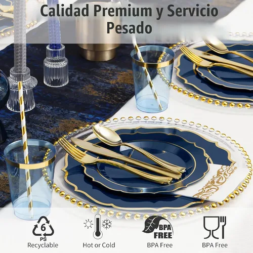 Vista 5 de Juego de vajilla de 200 piezas de estilo barroco en oro claro para 25 invitados, platos de plástico desechables resistentes con borde dorado