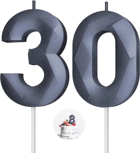 Vista 26 de Velas de cumpleaños con números (0 velas negras), forma de diamante 3D, decoración de pastel de feliz cumpleaños para niños y hombres, cumpleaños