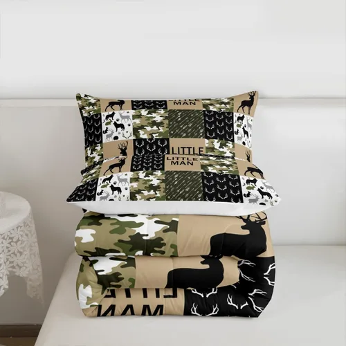 Vista 7 de Manfei Juego de Edredón de Siluetas de Animales con Astas de Ciervo Tamaño Full, Juego de Ropa de Cama de Camuflaje con Cuadros Geométricos de 3