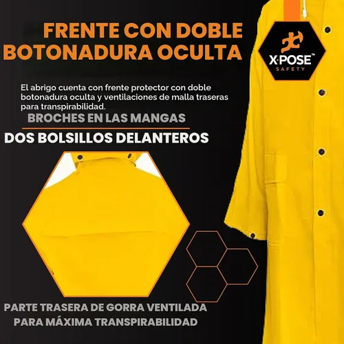 Vista 4 de Xpose Safety Chaqueta de Lluvia Pesada Amarilla de 0.35mm PVC, 122cm de Lluvia con Capucha Desmontable, Impermeable, para Pesca