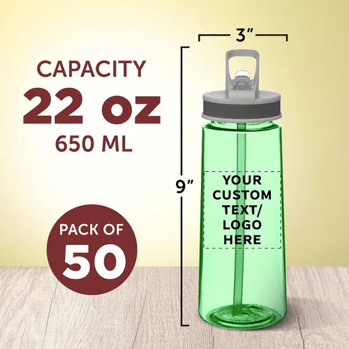 Vista 5 de DISCOUNT PROMOS Botellas deportivas de plástico personalizadas con tapas a prueba de derrames, 22 onzas, juego de 50, paquete personalizado a