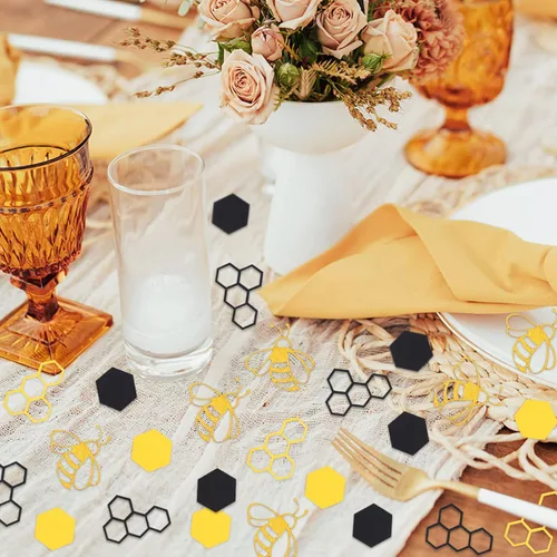Vista 5 de 100 unidades de confeti de abejas de abejas círculos de panal hexagonal amarillo negro papel confeti para abejas tema abejas decoración de mesa