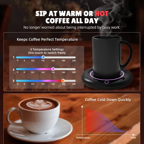 Vista 3 de Calentador de tazas, placa calentadora de velas con apagado automático de 8 horas, calentador de taza de café para escritorio con 3 temperaturas