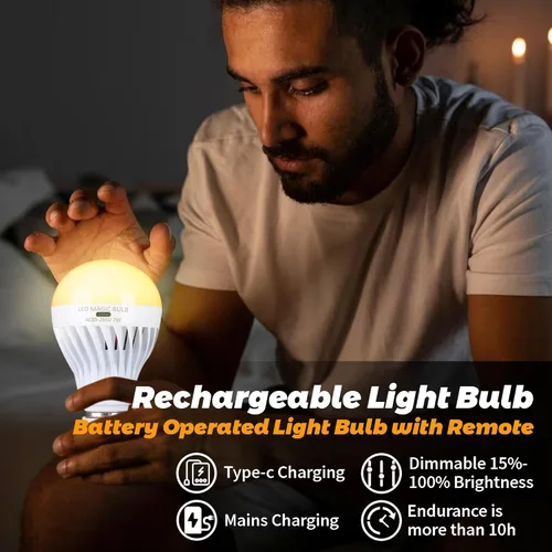 Vista 5 de BSOD Bombillas recargables con control remoto, bombillas LED E26 de luz cálida, bombillas de batería USB, bombillas regulables de emergencia