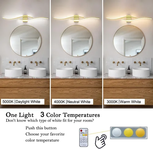Vista 3 de Modernas lámparas de baño doradas, luz LED de tocador con control remoto, lámpara de tocador de baño sobre espejo, luces de pared para dormitorio
