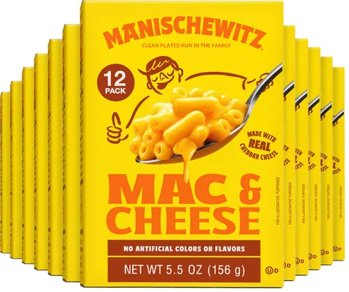 Manischewitz Kosher Mac & Cheese, 5.5 onzas (paquete de 12) Hecho con queso cheddar real, sin colores artificiales de sabores, certificado Kosher