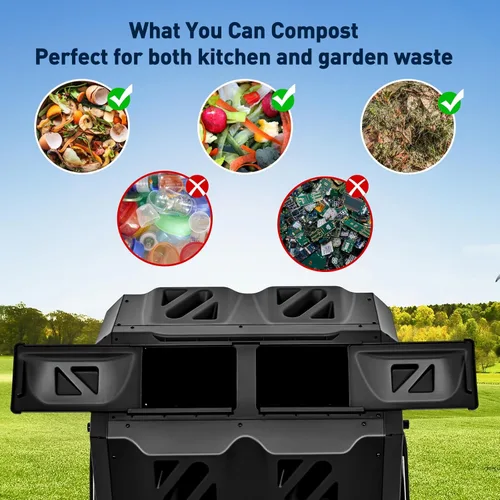 Vista 8 de Yesker Contenedor de compostaje de doble cámara para exteriores, compostador giratorio de 43 galones con puertas correderas, montaje rápido