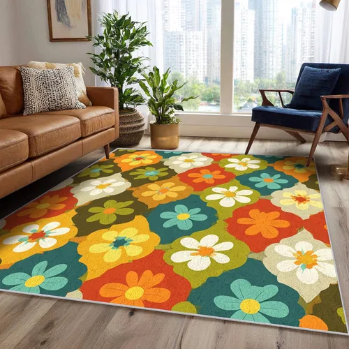 Floral Throw Rug, Washable Small 2x3 Area Rugs for Entryway, Groovy Flower Patterned Indoor Door Mat for Bedroom Kitchen, Floral Decor, Non Slip,