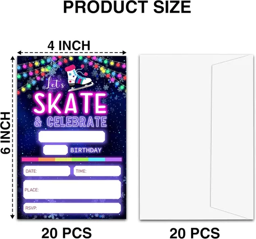 Vista 2 de Invitaciones de cumpleaños con sobres (paquete de 20), 4 x 6 pulgadas, estilo de patinaje sobre ruedas de neón, invitaciones para fiesta